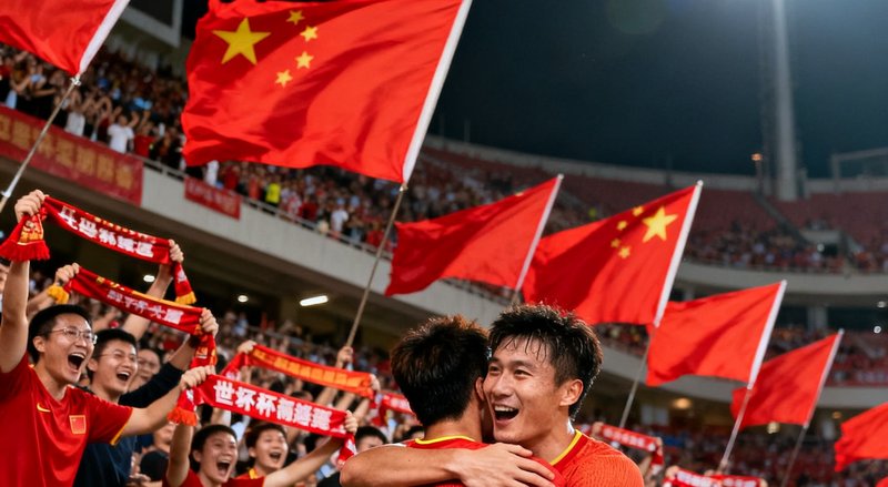 中国队在世界杯预选赛中进球后，多名球员紧紧拥抱在一起庆祝，看台上红色旗帜飘扬，球迷们挥舞围巾高声呐喊，球场气氛达到高潮。